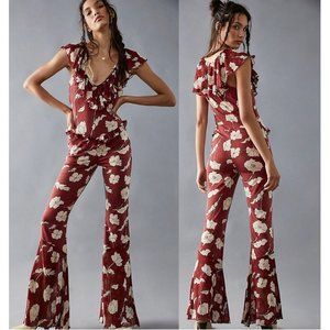 NEW Free People Austyn One Piece Flare Leg Jumpsuit Floral Ruffle Red Brown
